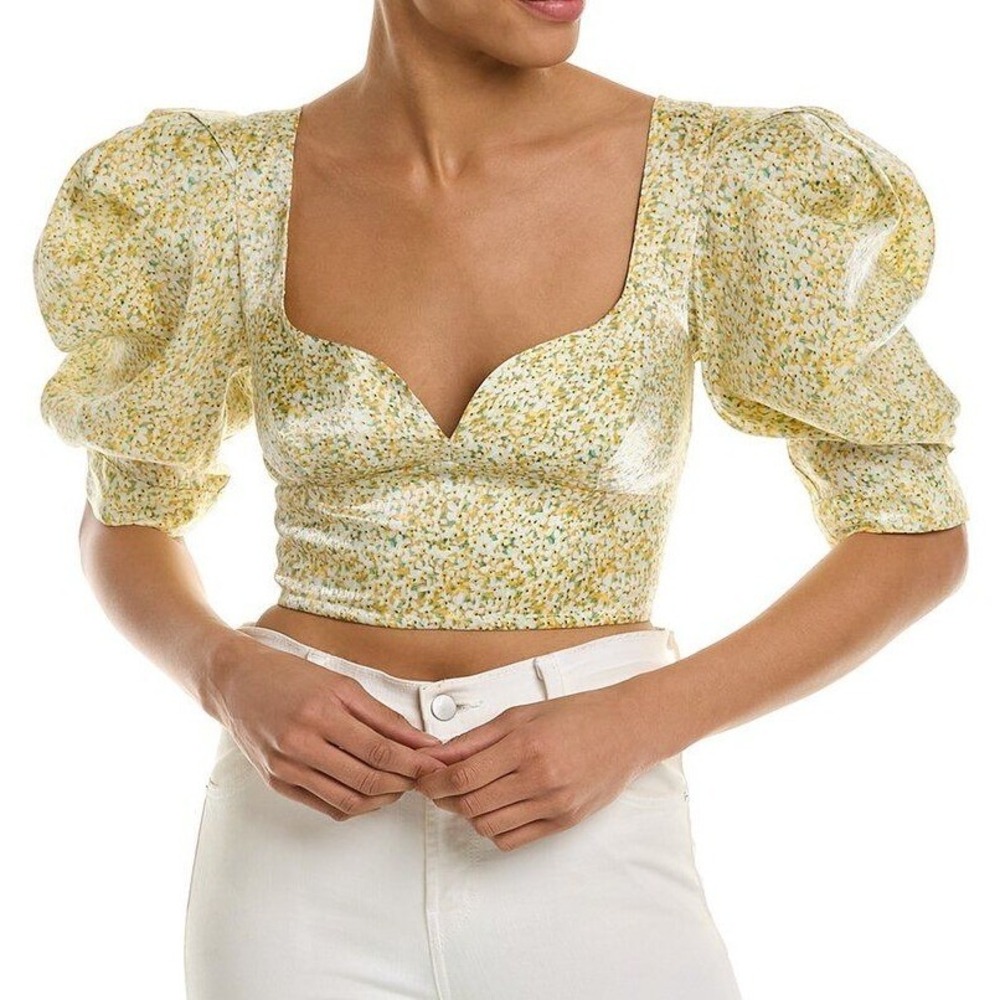 NWT Sabina Musayev Yellow Floral Print Oyster Top Blouse Cropped Size Small